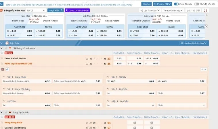 Giao diện đặt cược kèo bóng rổ S666