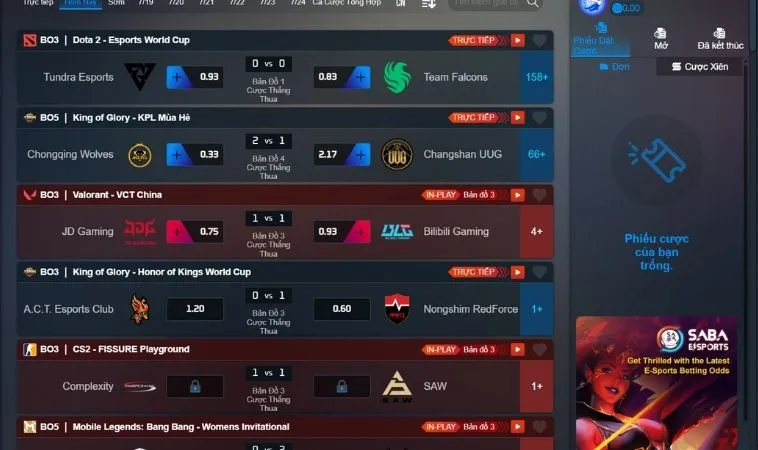 Bảng kèo cá cược Thể Thao Điện Tử Tại S666