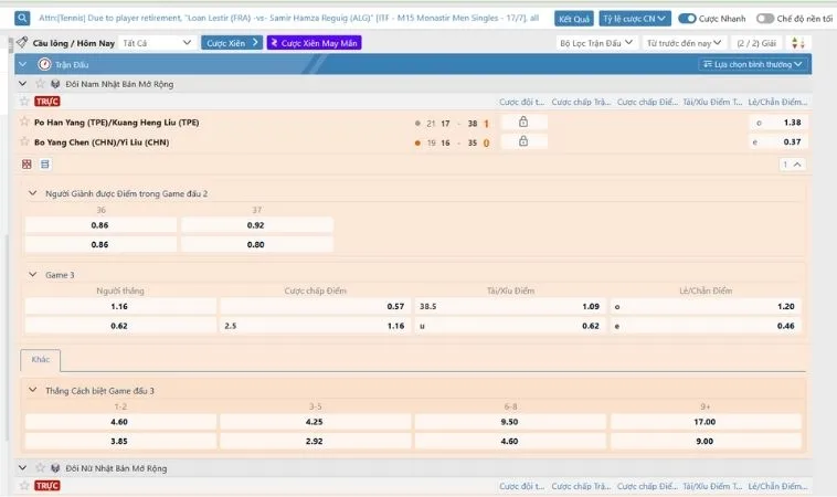 Giao diện đặt kèo cá cược Cầu Lông tại S666