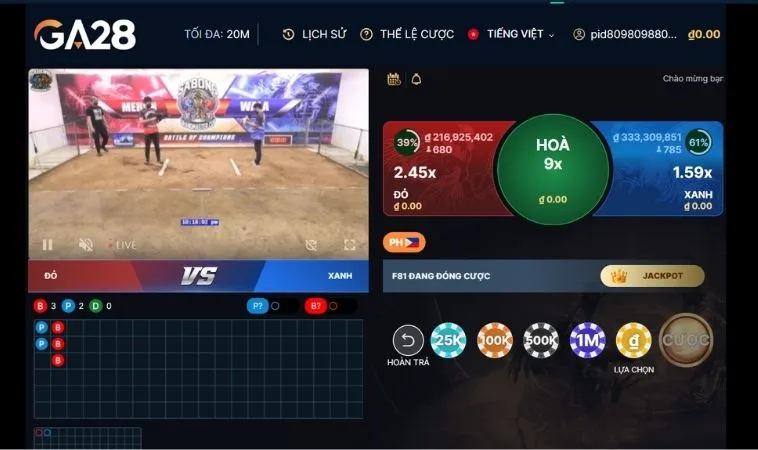 Giao diện đặt cược Đá Gà GA28 Tại S666