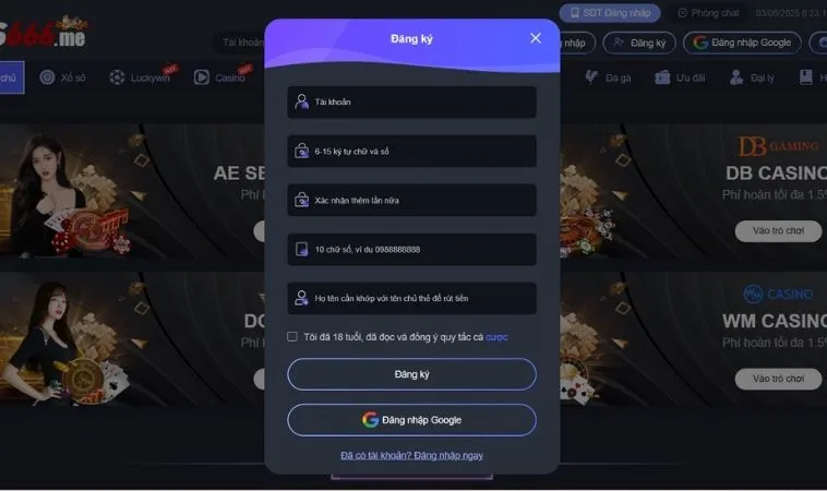 Giao diện đăng ký S666