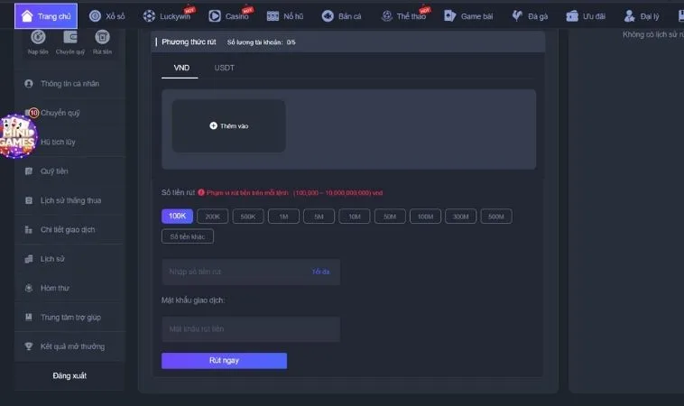 Giao diện rút tiền S666