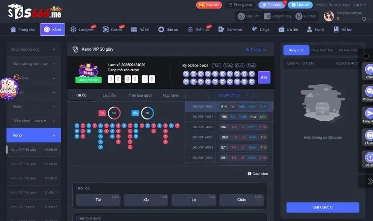 Giao diện chơi Keno Tại S666